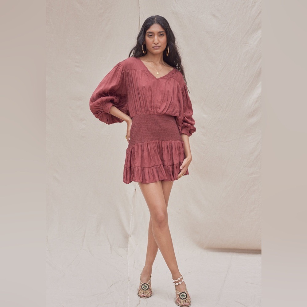 Jen's Pirate Booty Floral Jacquard Smocked Mini Dress VNeck Boho Size S Ethereal